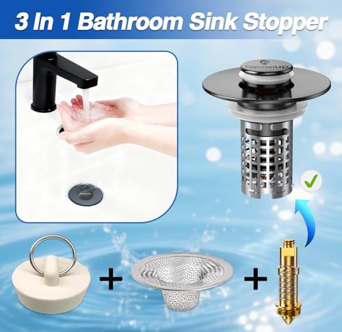 Bathroom Sink Drain Strainer(2PCS), Pop-up Sink Drain Strainer with Removable Stainless Steel Strainer Basket Hair Catcher, Bathroom Sink Strainer for Bathroom Sink Stopper Replacement - color: Black-2pcs