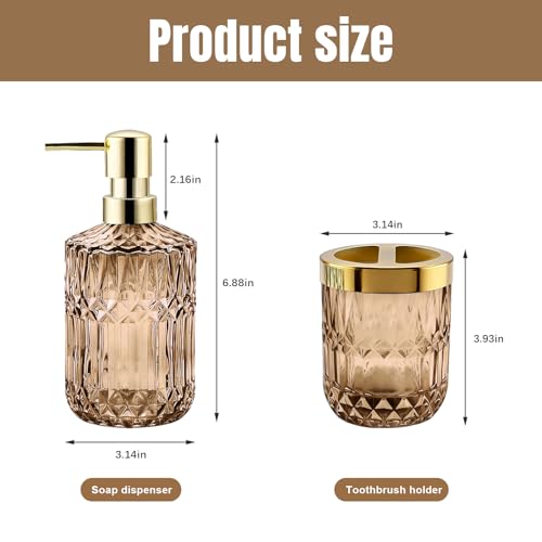 2Pcs Brown Bathroom Accessories Set, Glass Bathroom Accessories, Vintage Bathroom Countertop Decoration Includes Soap Dispenser, Toothbrush Holder - color: Brown, size: 2 Pcs