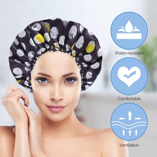 Shower Cap for Women Set of 4, Bath Caps, Double Layers Hair Caps + 2 Satin Hair Scrunchies, Reusable Waterproof Shower Caps, Elastic Hair Cap for Shower - Pattern A - color: Pattern A