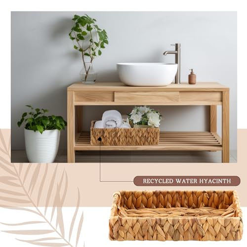 2 Pcs Toilet Paper Basket for Back of Toilet Wicker Water Hyacinth Basket Topper and Vanity Tray Set with Built-in Handles for Paper Hand Towel, Bathroom, Home, Spa(Light Brown) - color: Light Brown