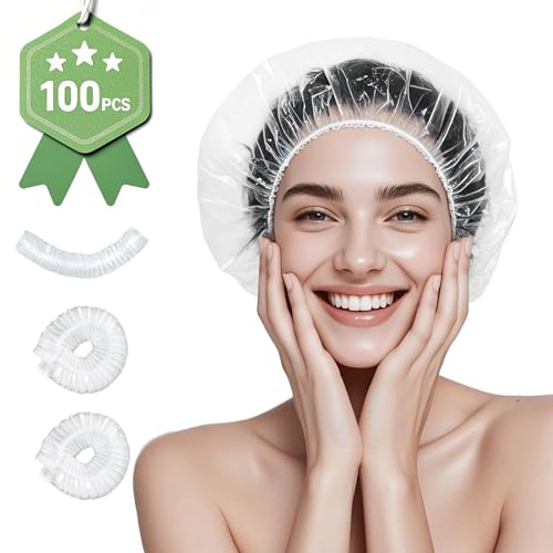 Disposable Shower Caps, 100 Pack - 18.1" Large Thick Waterproof Elastic Bath Caps, Clear Plastic Hair Covers for Women Home Travel Hotel Spa & Salon