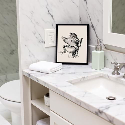 Urmoya Funny Frog on Toilet Bathroom Decor Framed Wall Art 8x10 in | Wood frame, Frog reading newspaper print, Humor decor, Canvas wall art, Ready to hang, for bathroom or restroom - color: Frog, size: 10"L x 8"W