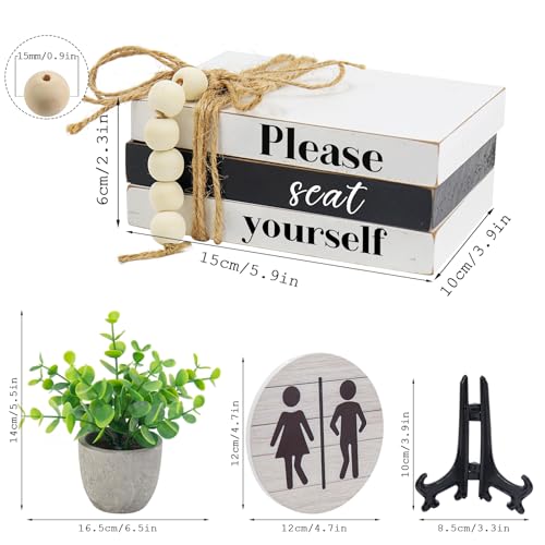 Bathroom Shelf Decor Signs with Bookstack, 3D Round Signs & Fake Plants | Please Seat Yourself Sign, Farmhouse Bathroom Decor and Accessories for Restroom Shelf, Guest Bathroom, Home Toilet - color: Seat Yourself
