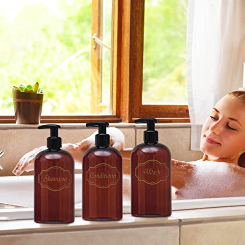 16 oz Plastic Shampoo Conditioner Wash Dispensers (Amber) | set of 3, pump bottles, high-viscosity, shower containers, lotion pumps - color: Amber/Gold/Black