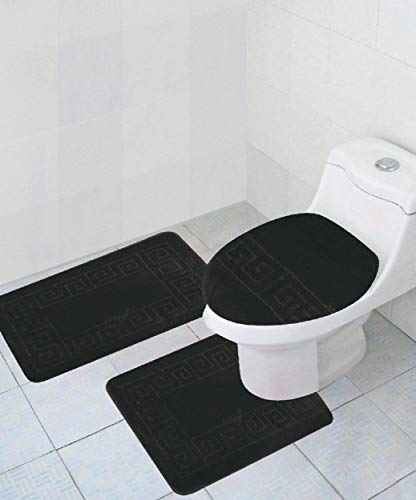 WPM WORLD PRODUCTS MART 3 Piece Bath Rug Set Pattern Bathroom Rug (20"x32")/Large Contour Mat (20"x20") with Lid Cover (Black) - color: Black