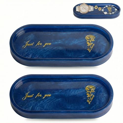 Bathroom Vanity Trays for Counter: Blue Resin Towel Tray Organizer with Words - Oval Bathroom Sink Tray Countertop - Decorative Tray for Perfume/Oil Bottles - color: Blue