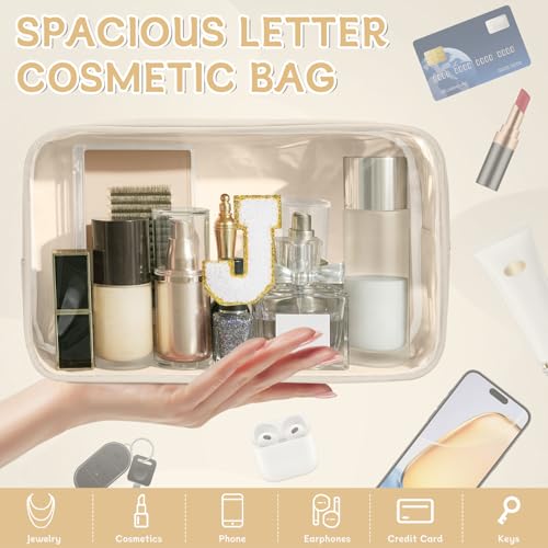 Initial Clear Makeup Bag, Birthday Gift Preppy Chenille Patch Cosmetic Bag, Initial Travel Essentials Beach Toiletry Pouch, Ideal Gift for Teachers & Moms, Women and Girls (Beige, J) - color: Beige, style: J