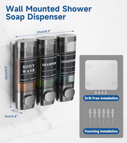 Cabo Deseado Shower Soap Dispenser Wall Mounted No Drill Shampoo Dispenser for Shower Wall Shampoo and Conditioner Dispenser Bathroom Hotel 3 * 350ml Gungray with Labels - color: Gungray