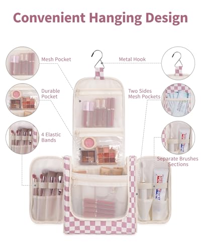 Narwey Checkered Hanging Travel Toiletry Bag for Women, Travel Bag for Toiletries, Makeup Bag Organizer Cosmetic Bags Make Up Bags for Women (Dusty Rose Checkerboard) - color: C-Dusty Rose Checkerboard, size: Large
