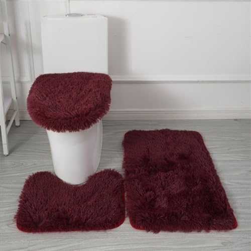 Bathroom Rugs Sets 3 Piece Thick Fluffy Soft Bathroom Rugs and U-Shaped Toilet Mat Washable Absorbent Floor Mat Wine Red - color: Wine Red