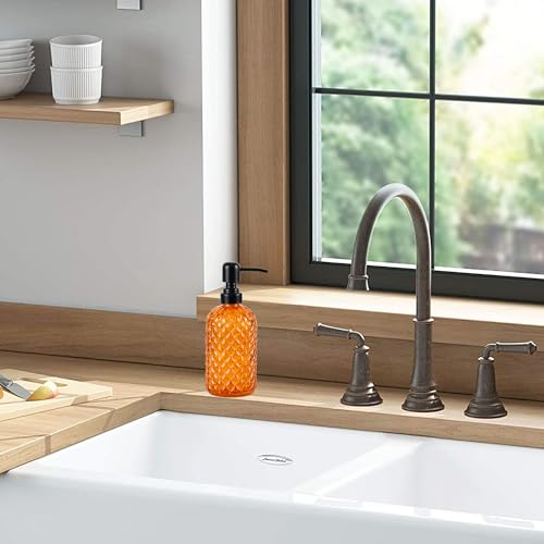 12Oz Glass Soap Dispenser with 304 Black Rustproof Stainless-Steel Pump, Refillable Glass Soap Dispenser for Kitchen, Bathroom, Farmhouse - color: Orange