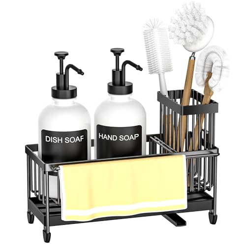 Kitchen Soap Dispenser Set with Sponge Holder and Towel Rack, 17OZ Glass Bottle, Hand and Dish Soap Dispenser Set, Non-Slip Silicone Pad, Brush Holder, Kitchen Sink Caddy Organizer Countertop (White) - color: White