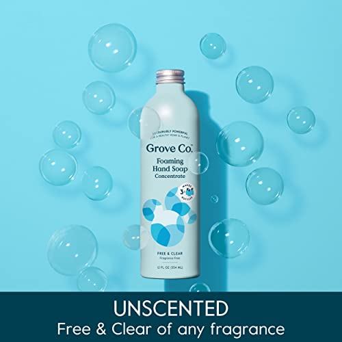 Grove Co. Foaming Hand Soap Concentrate (12 Fl Oz) + Reusable Glass Soap Dispenser, Plastic-Free Liquid Refillable Starter Kit, Free and Clear Unscented