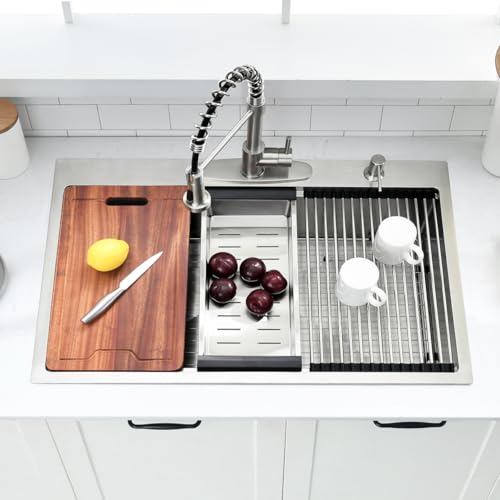33 Inch Drop In Kitchen Sink Workstation - VOKIM 33 x 22 Inch Drop In Sinks 16 Gage Stainless Steel Topmount Sinks Single Bowl 10'' Deep Handmade Above the Counter sink with Cutting Board& Strainer - color: Stainless Steel, size: 33"L x 22"W x 10"D