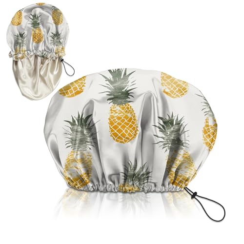 Luxury Shower Cap Adjustable Reusable Double Waterproof Layer Elastic Satin Lined Hair Bath Cap Cute Aesthetic Women Girls (K11-Pineapple) - color: K11-Pineapple