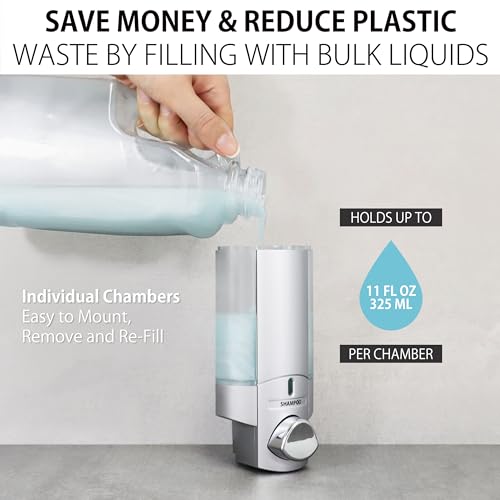 Better Living Aviva Shower Dispenser 3 Chamber,Wall Mount Shower Soap Dispenser for Bathroom Hotel Body Wash,Built-in Hooks,No Drill,Waterproof Shampoo Soap-Dispenser,3 x11 oz,Satin Silver,(Pack of 6) - color: Satin Silver, size: 3-Chamber (Pack of 6)