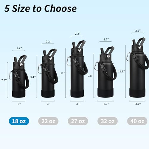 BJPKPK Water Bottle with Straw Lid, 18oz Insulated Water Bottles with 3 Lids, Paracord Handle & Non-slip Boot, Metal Stainless Steel Thermal Flasks, BPA Free Leak Proof Cups, Tumblers,Black - color: Black, size: 18 Ounces