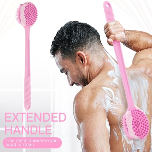 Sunnyray 2 Pack Silicone Back Scrubber for Shower with 15" Long Handle Double-Sided Bath Body Brush for Exfoliating Easy to Clean Quick Dry Deep Cleaning Lathers Well(Pink) - color: Pink