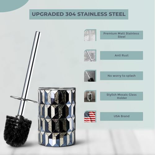 Escenzy Cute Toilet Brush and Holder Set Mosaic Glass | Non-Rustic Stainless Steel | Practical & Decorative Toilet Bowl Brush and Holder | Luxury Black and Gold Bathroom Accessories (Latest) - color: Black Gold Straight