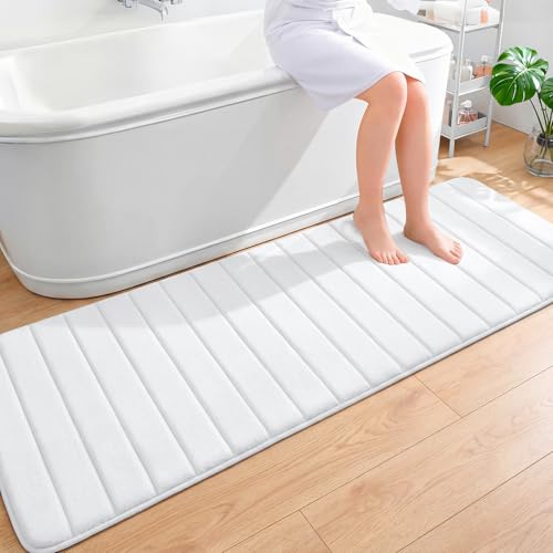 OLANLY Memory Foam Long Bathroom Rugs Runner 70x24, Super Soft Absorbent Bath Mat, Quick Dry, Machine Washable Shower Floor Rugs, Bathmat Carpet, Bathroom Home Decor Accessories, White - color: White, size: 70" X 24"