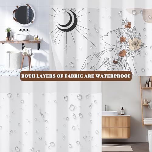 No Hook Shower Curtain with Snap in Liner, 2-in-1 Double Layer Bath Curtain Set 71x74 Inch | Abstract Feminine Line Art with Moon & Flowers, Sheer Mesh Top, Modern Boho Bathroom Decor - color: Feminine Art