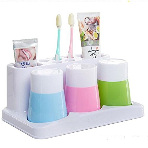 Bathroom Toothbrush Toothpaste Stand Organizer Plastic Storage Rack Set (3 Cups) (Blue+Pink+Green) - color: Blue+pink+green