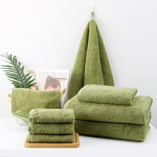 SEMAXE 8-Piece Cotton Bath Towel Set with Hanging Loops for Bathroom, Green | Complete starter set for daily showers, sink-side use, small bathrooms, and guest baths, OEKO-TEX certified, easy care - color: A05: Green