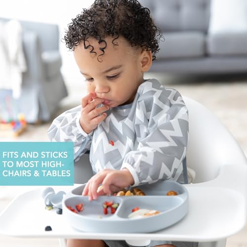 Bumkins Toddler and Baby Suction Plate, Silicone Divided Grip Dish for Babies and Kids, Baby Led Weaning, Children Feeding Supplies, Non Skid Bottom, Platinum Silicone, 6 Months Up, Gray and Sage - color: F4 Gray, Sage-GD