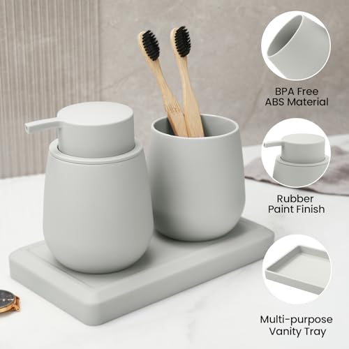 Bathroom Accessories Set, Modern 3 Pcs Bathroom Essentials - Soap Dispenser, Toothbrush Holder & Tray, Countertop Vanity Organizer (Beige) - color: Beige