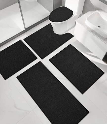 chakme Bathroom Rug Sets 5 Piece, Ultra Thin Quick Dry Bath Mat, Absorbent Bath Mat for Bathroom Non Slip Machine Washable, (Black) - color: Black, size: 5piece
