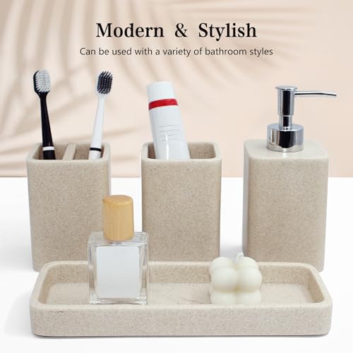 YMXYJM Bathroom Accessories Set, 4 Pcs Bathroom Accessory Set, Soap Dispenser, Toothbrush Holder, Qtip Holder Set, Bathroom Sets Complete, Bathroom Sink Set for Modern Home, Beige - style: Beige