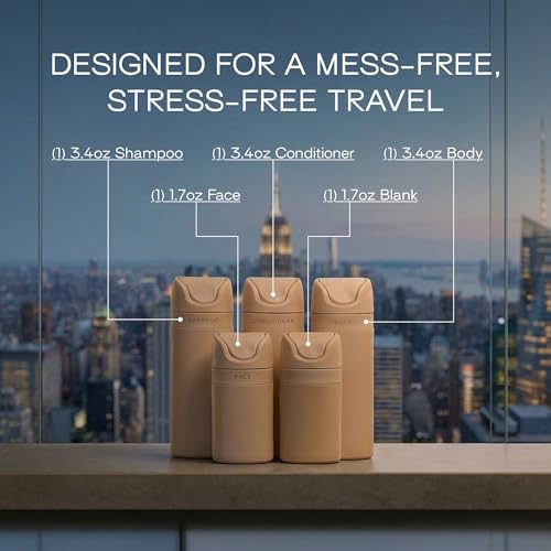 RIES Essential Refillable Toiletry Travel Bottles Airless Pump Set | TSA Approved, Leak Proof Airless Pump, BPA Free Recycled Plastic, 5 Piece Sand Color Set, Dishwasher Safe - color: Sand