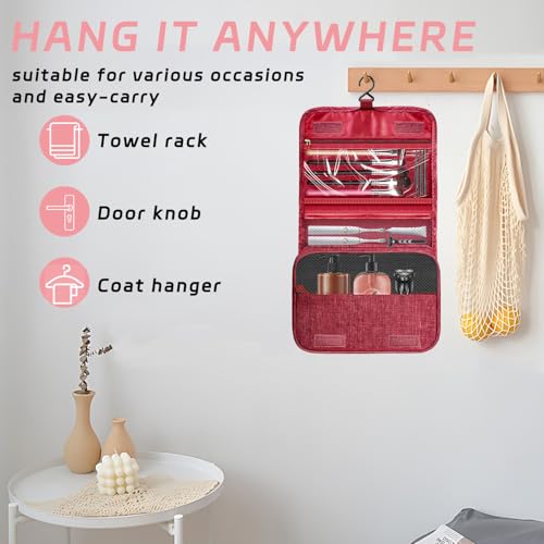 Toiletry Bag Travel Bag with Hanging Hook, Waterproof Capacity Hanging Multifunctional Makeup Bag for Toiletries, Portable Cosmetic Bag Travel Organizer for Women and Men (Red) - color: Red