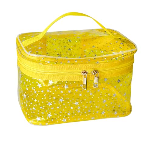 Star Print Yellow PVC Makeup Bag with Handle - 8.66 * 5.51 * 5.51 inch,Clear Storage Bag Toiletry Pocket Portable Zippered Pouch Waterproof Cosmetic Organizer Bags for Women (Yellow-L) - color: Yellow-L