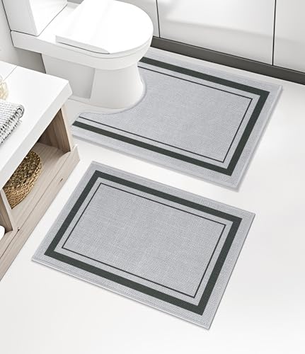 chakme 2 Piece Bathroom Rug Set, Ultra Thin Bath Mat,Absorbent, Non Slip, Machine Washable, Light Grey, 17"x24"+Toilet Mat - color: Light Grey, size: 2-Piece (17" x 24" + Contour Mat)