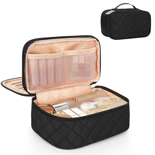 Relavel Small Makeup Bag, Travel Makeup Bag, Cosmetic Bag for Women, 2 Layer Makeup Organizer, Black Make Up Pouch Waterproof, Makeup Brush Holder, Durable Zipper (Black) - color: 01-Black, size: MEDIUM