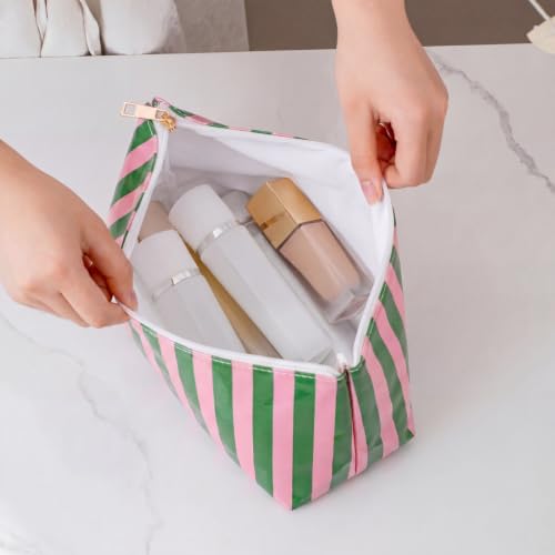 RSRSLEII Large Waterproof Travel Stripe Makeup Bag,Aesthetic PVC Toiletry Bag,Coquette Cosmetic Bag Organizer,Cute Preppy Carry-on Travel Accessories Essentials for Women Girls(01Pink Green) - color: 01Pink Green