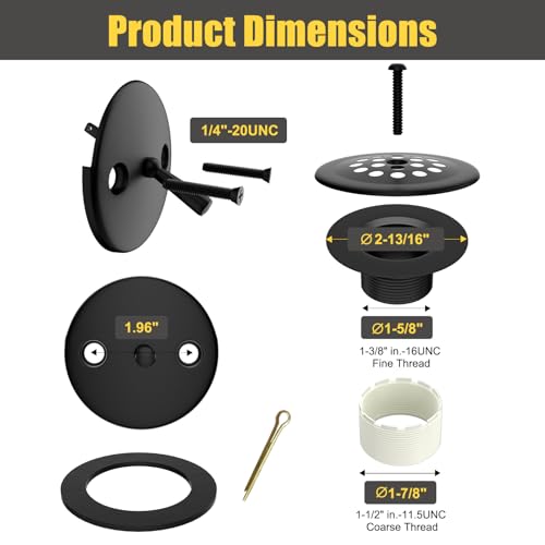 Trip Lever Tub Drain Kit, Bathtub Drains Stopper Replacement Set with Trip Lever Overflow Faceplate, Strainer, No Putty Gasket and Matching Screws (Matte Black) - color: Black Kits