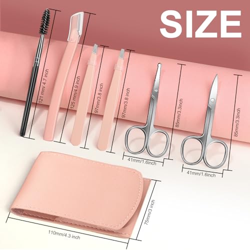 FANDAMEI Eyebrow Kit with Leather Case - Eyebrow Scissors, Tweezers, Razor, Brush for Women & Men - Facial Hair & Ingrown Hair Removal - color: Pink
