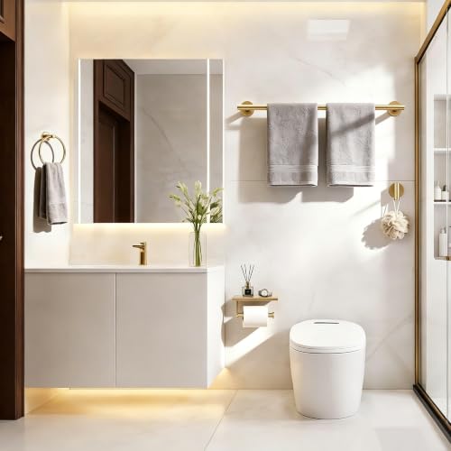Gold 5-Piece Bathroom Hardware Set, 23.6 Inch Towel Bar Set SUS304 Stainless Steel Towel Racks for Bathroom Round Towel Bar, Towel Ring, Toilet Paper Holder, 2 Robe Hooks, Wall Mounted - color: Gold