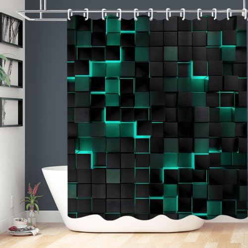 LQCOOL 4Pcs Green Shower Curtain Set 3D Cubes Bathroom Sets Modern Shower Curtain Set for Bathroom Sets with Rugs Black and Green Shower Curtain with 12 Hooks - color: Black Green