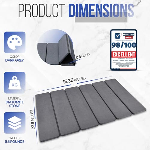 Foldable Diatomaceous Earth Bath Mat, Fast Drying Stone Bathroom Mat, Super Absorbent & Non-Slip, Compact Easy Storage, 23.6 x 15.35 Inch, Grey