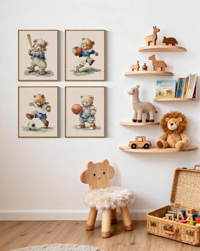 InSimSea 4 pcs Framed Canvas Art, Cute Sports Bears Watercolor Art Prints, Funny Playful Wall Pictures Decor for Kids Room Bedroom Playroom Nursery,11x14in,set of 4, Neutral Maximalist Decor - color: Cute Sports Bears