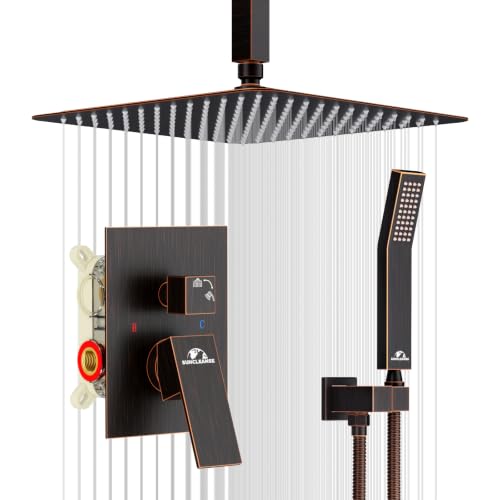 SunCleanse Rainfall Shower System Oil Rubbed Bronze Shower Faucet Combo Set with High Pressure 12 Inches Square Rain Shower Head, Handheld and Shower Faucet Rough-in Mixer Valve and Trim - color: Oil Rubbed Bronze, style: 12-ceiling