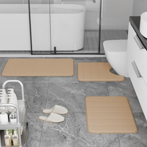 RUN HELIX Memory Foam Bath Mat Set 3 Piece, Soft and Comfortable, Super Water Absorption, Non-Slip, Thick, Machine Wash, Easier to Dry for Bathroom Floor Rug, Beige Toilet Rug Bathroom Set - color: Stripe-beige