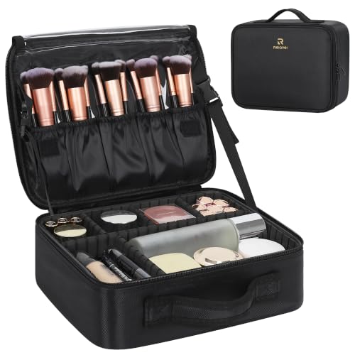Relavel Makeup Bag Large Cosmetic Bag Travel Train Case Toiletry Bag for Women with Adjustable Dividers, Travel Essentials Organizer Case Storage Box for Skincare, Brushes, Black - color: Black S/M, size: Small