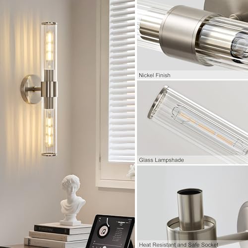 Bathroom Vanity Light Fixtures, Nickel Wall Sconces in Threaded Glass, Modern Wall Light for Bathroom Living Room Bedroom, Hallway - color: Nickel-B