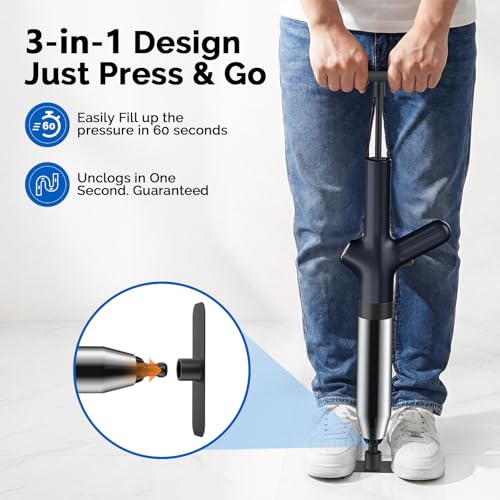 HAMITOR Toilet Plunger Drain Clog Remover: High Pressure Air Plunger & Heavy Duty Toilet Snake with Barometer for Sink, Drain Clogs - Unclogging Tool for Failed Traditional Plungers, Ink Black