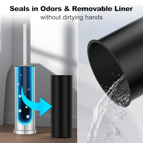 Silver Toilet Brush and Holder Set，Stainless Steel Heavy Duty Toilet Bowl Brush，Extra Long Handled Modern Toilet Cleaner Brush with Replaceable Head, Removable Inner Bowl, and Splash Protection - color: Silver, size: 1 Pack