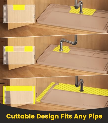 Wohbay Under Sink Mats for Kitchen Waterproof, Cut to Fit Under Sink Drip Tray for Kitchen Bathroom Cabinets, Silicone Under-Cabinet Hold Up to 3.3 Gallons Liquid, 34" X 22" Or Smaller -Khaki - color: Khaki